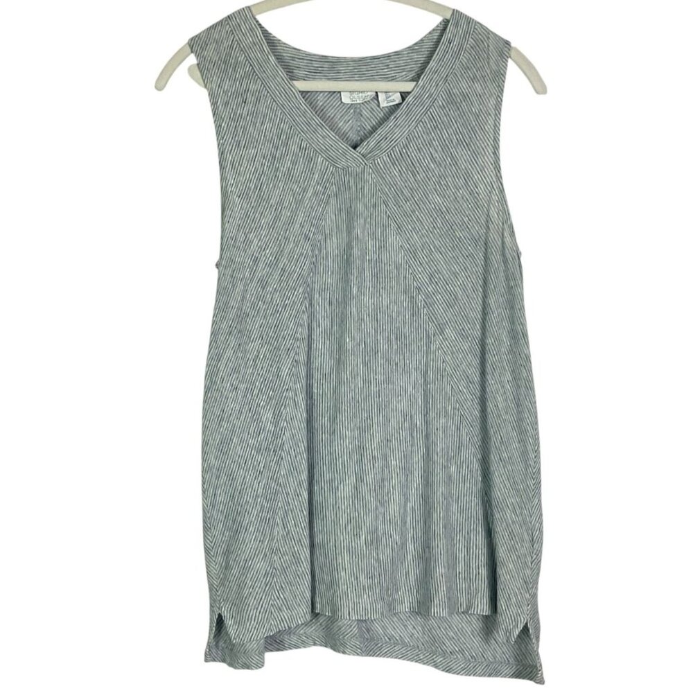 Sigrid Olsen Blue White Striped Linen Tunic Top V Neck Large